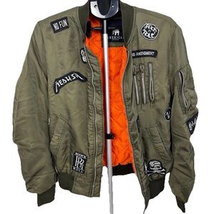 American Stitch Army Green Patchwork Bomber Jacket Rock N Roll Patches Size L